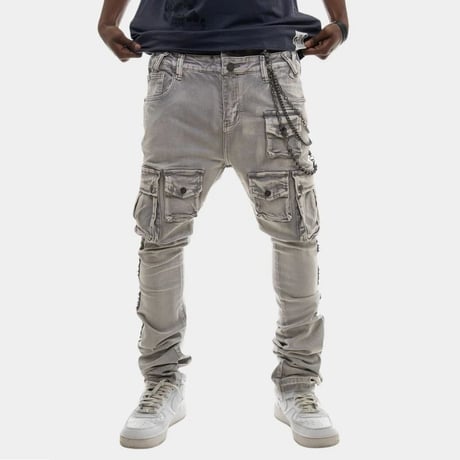 米国シカゴ発 Gunzinii ガンジーニ Jeweled Cargo Stacked Jeans ジュエル カーゴ スタックドデニム (JNS134)