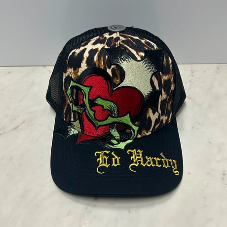 USA仕様 Ed Hardy エドハーディ Leopade Sacred Heart ハート メッシュ トラッカーキャップ ヒョウ柄 (EDC9)