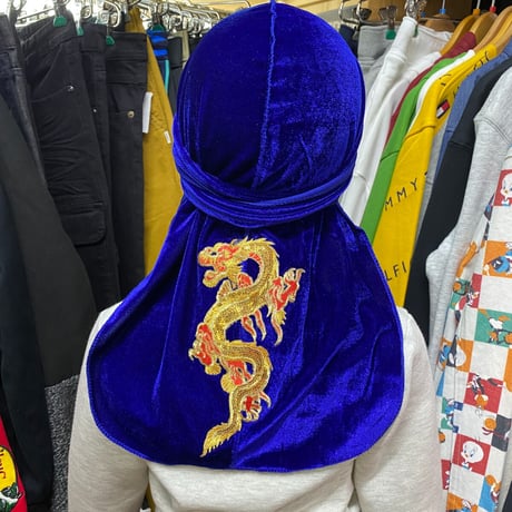 プレミアムベロア  DU-RAGドゥーラグ TIEDOWN 青 インナーキャップ 龍 オリエンタル