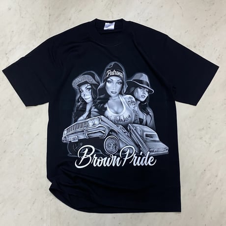 LA発 Brown Pride ブラウンプライド Patrona グラフィック ヘビーウェイト Tシャツ 黒 (GTS27)