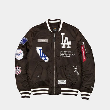 米国仕様 New Era ニューエラ Alpha Industries アルファインダストリーズ MLB LA ドジャース MA-1 ジャケット 茶