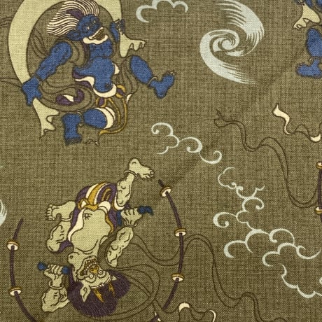 日本製 和柄 バンダナ 総柄 風神雷神 RAIJIN 大判サイズ 綿100% 草色 (BNDN29)