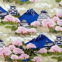 日本製 和柄 バンダナ 総柄 城 富士山 Mt.Fuji 桜 大判サイズ 綿100% 草色 (BNDN34)