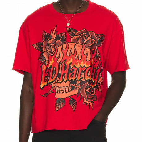 USA仕様 Ed Hardy エドハーディ Skull Roses Boxy Cropped T ローズ スカル クロップ Tシャツ (EdT2)