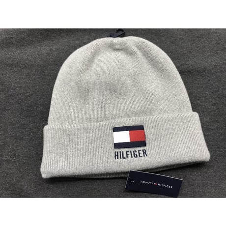 海外限定 トミーヒルフィガー TOMMY HILFIGER ニットキャップ 厚手 ビーニー 綿 コットン100％ グレー Flag フラッグ刺繍 Knit