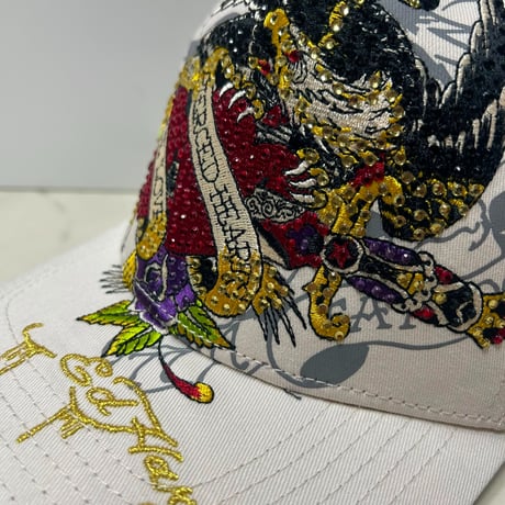 USA仕様 Ed Hardy エドハーディ Rhinestone Pierced Eagle イーグル メッシュ トラッカーキャップ Ivory (EDC4)