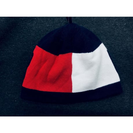 海外限定 トミーヒルフィガー TOMMY HILFIGER 短め ビーニー 綿100％ トリコロール 2枚仕立て ニット帽
