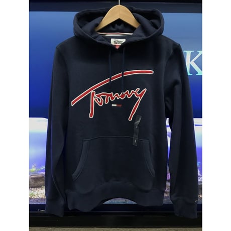 海外限定デザイン TOMMY HILFIGERトミーヒルフィガー signature プルオーバー 肉厚 パーカー 紺