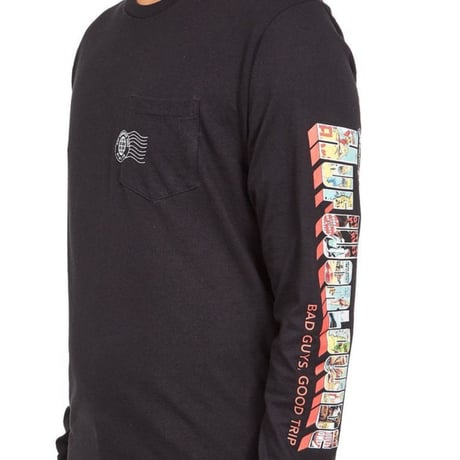 HUF ハフ ワールドワイド 長袖 Ｔシャツ ポケット付 ロンＴ 黒 GREETINGS 両袖デザイン アメコミ 西海岸
