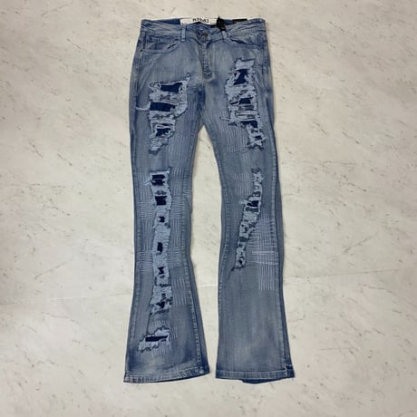 R3BEL RIPPED RUST STACKED FLARE DENIM スタックド フレアジーンズ ストレッチ (JNS3)