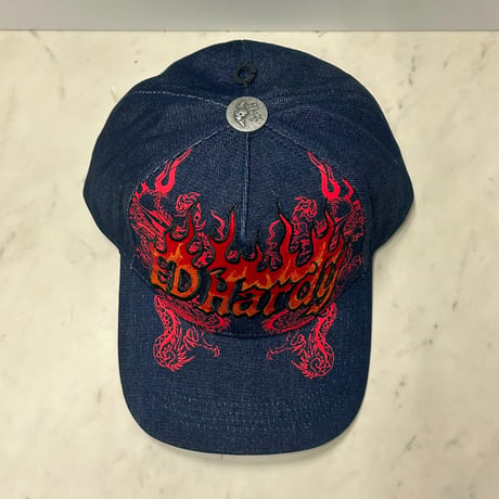 USA仕様 Ed Hardy エドハーディ Dragon Flames Denim 龍 トラッカーキャップ デニム (EDC14)