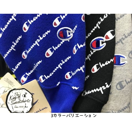 日本未発売 Champion USA チャンピオン 総柄 リバースウィーブ スウェット プルオーバー パーカー 青