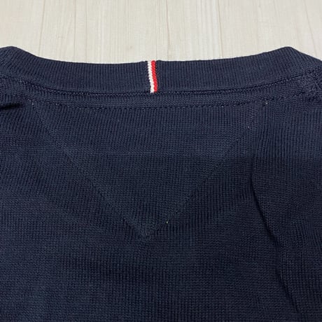 USAモデル TOMMY HILFIGER 綿100％ ストライプ クルーネック セーター 紺 (R4F-38)