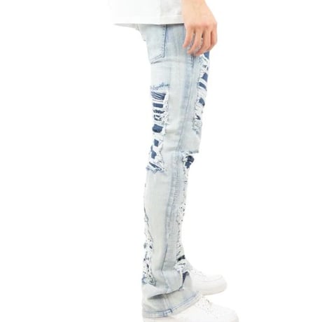R3BEL RIPPED RUST STACKED FLARE DENIM スタックド フレアジーンズ ストレッチ (JNS3)
