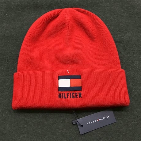 海外限定 トミーヒルフィガー TOMMY HILFIGER ニットキャップ 厚手 コットン100％ 赤 フラッグ刺繍