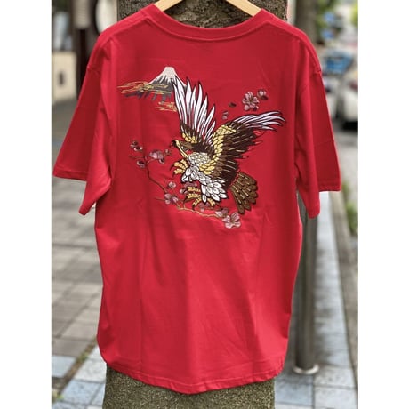 横須賀名物 スカジャン Ｔシャツ 刺しゅう スカT HAWK 鷹 ホーク 赤 和柄 ジャパン (JPT37)