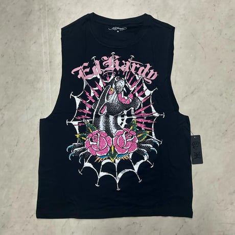 USA仕様 Ed Hardy エドハーディ Panther Web Rhinestone Cropped Cut Off T クロップ カットオフ Tシャツ (EdT6)