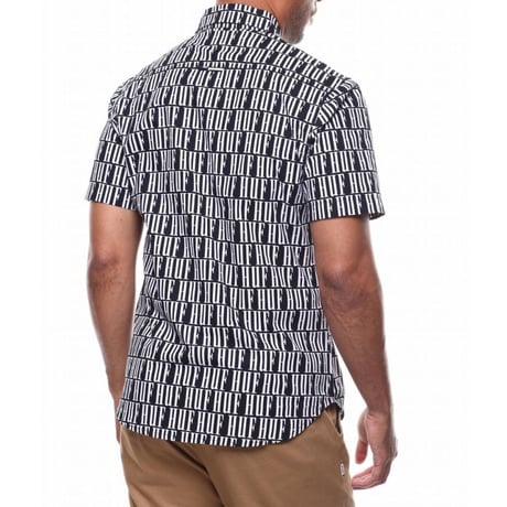 HUF ハフ 半袖 ボタンシャツ モノグラム 総柄 NIGHT MARKET 黒 オールオーバーロゴ テキスタイル