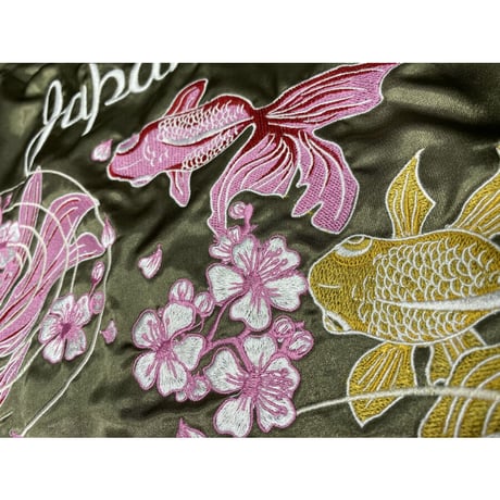 総刺繍 リバーシブル 横須賀発祥 スカジャン 横須賀ジャンパー SUKAJAN サテン 龍 ドラゴン 金魚 カーキ