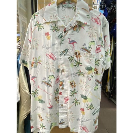 【特別SALE価格】アロハシャツ ALOHA 半袖  開襟  白 レトロ ヤシの木 フラミンゴ RB-31