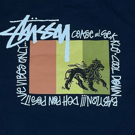 【S】 Stussy ステューシー RASTA FLAG 半袖 Tシャツ レゲエ ラスタ 西海岸 ストリート 紺 ネイビー (53)