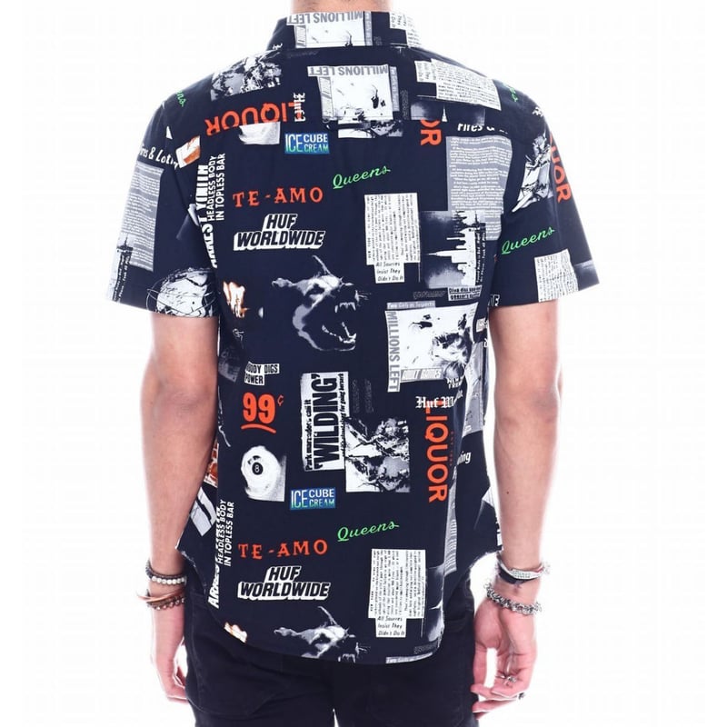 HUF ハフ 半袖 ボタンシャツ NY ニューヨーク 総柄 ヘッドライン 黒 