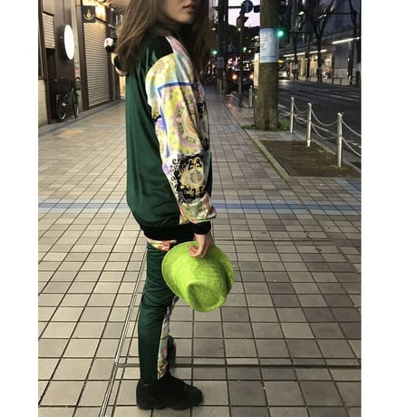 USA製 Brooklyn Crossing ベロア 総柄 セットアップ Men's ジップアップパーカー 緑