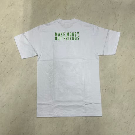 LA発 Make money not friends スカル グラフィック 半袖 ヘビーウェイト Tシャツ 白 ネオングリーン (GTS135B)