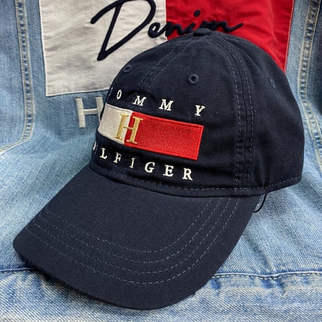 トミーヒルフィガー TommyHilfiger 紺 ストラップバック キャップ 帽子 ローキャップ 刺繍 ビッグフラッグロゴ FLAG サイズ調節可