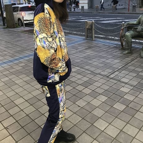 USA製 Brooklyn Crossing ベロア 総柄 セットアップ Men's ジップアップパーカー 紺