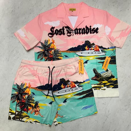 米国発 Civilized シヴィライズド Lost Paradise ロストパラダイス 半袖シャツ ショートパンツ セットアップ (SET5)