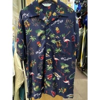【特別SALE価格】アロハシャツ ALOHA 半袖 紺 レトロ ヤシの木 フラミンゴ 総柄 ハワイ柄 RB-32