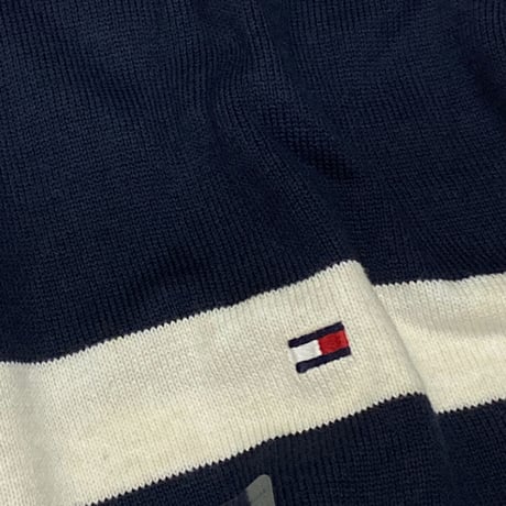 USAモデル TOMMY HILFIGER 綿100％ ストライプ クルーネック セーター 紺 (R4F-38)