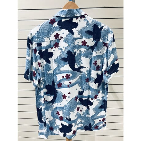 【特別SALE価格】アロハシャツ ALOHA 半袖 オープンカラー 開襟 レーヨン100% 白 青系 ハワイアン 和柄　鯉 CARP 新品 RB-19