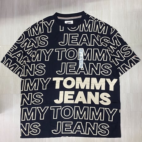 USAモデル TOMMY HILFIGER  TJ総柄 オールオーバーロゴ Tシャツ 紺 SkyCaptain (R4F-9)