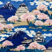 日本製 和柄 バンダナ 総柄 城 富士山 Mt.Fuji 桜 大判サイズ 綿100% 青 (BNDN33)