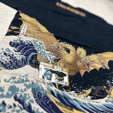 GODZILLA ゴジラ 神奈川沖浪裏 富嶽三十六景 キングギドラ Tシャツ 浮世絵 Hokusai 黒