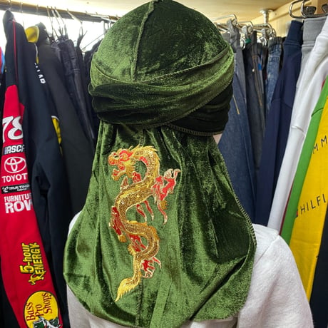 プレミアムベロア  DU-RAGドゥーラグ 緑 TIEDOWN インナーキャップ 龍 オリエンタル