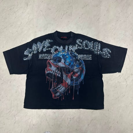 カリフォルニア発 Rare Peace レアピース End Of Era オーバーサイズ ラインスト―ン クロップドTシャツ (CropT41)