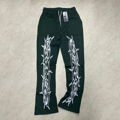 米国LAブランド Bezalel Jeans ベザレル ゴシック Thorn Pattern イバラ柄 スウェットパンツ 緑 (JNS241)