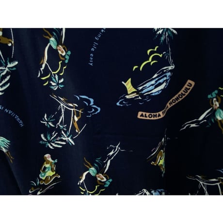 【特別SALE価格】 アロハシャツ ALOHA 半袖 レトロ ビーチ 紺 フラ 総柄 Hawaii アロハ RB-48