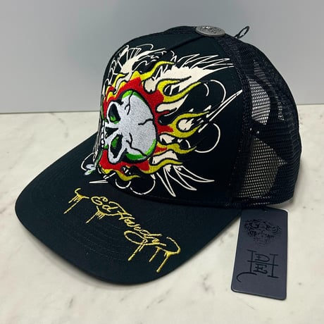 USA仕様 Ed Hardy エドハーディ Embroidered Fire Skull 刺繍 スカル メッシュ トラッカーキャップ 黒 (EDC5)