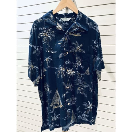 【特別SALE価格】 アロハシャツ ALOHA 半袖 オープンカラー 開襟 ヤシの木 ネイビー RB-16