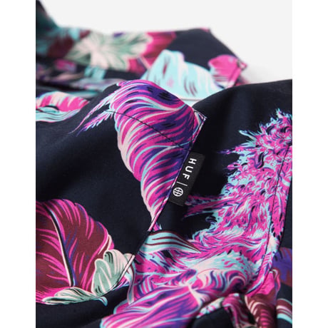 HUF ハフ 半袖 ボタンシャツ 総柄 ALOHA パラダイス リゾート ネイビー 刺しゅうロゴ