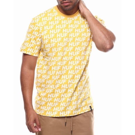 HUF ハフ 半袖 Ｔシャツ モノグラム 総柄 NIGHT MARKET 黄色 オールオーバーロゴ テキスタイル