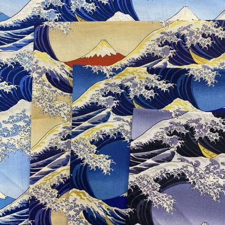 日本製 和柄 バンダナ 総柄 神奈川沖浪裏 葛飾北斎 大判サイズ 綿100% 青 (BNDN38)