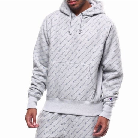 日本未発売 Champion USA チャンピオン 総柄 リバースウィーブ スウェット プルオーバー パーカー GREY