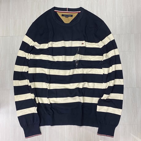 USAモデル TOMMY HILFIGER 綿100％ ストライプ クルーネック セーター 紺 (R4F-38)