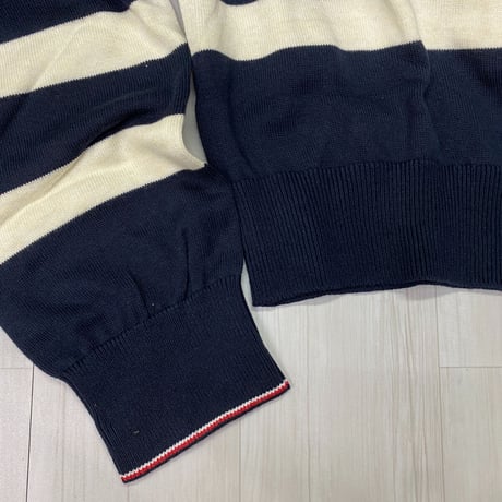 USAモデル TOMMY HILFIGER 綿100％ ストライプ クルーネック セーター 紺 (R4F-38)