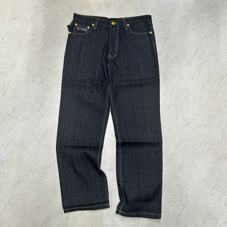 COOGI クージー 刺繍ポケット Black Denim Straight Wide Pants ストレート ワイドジーンズ (JNS210)